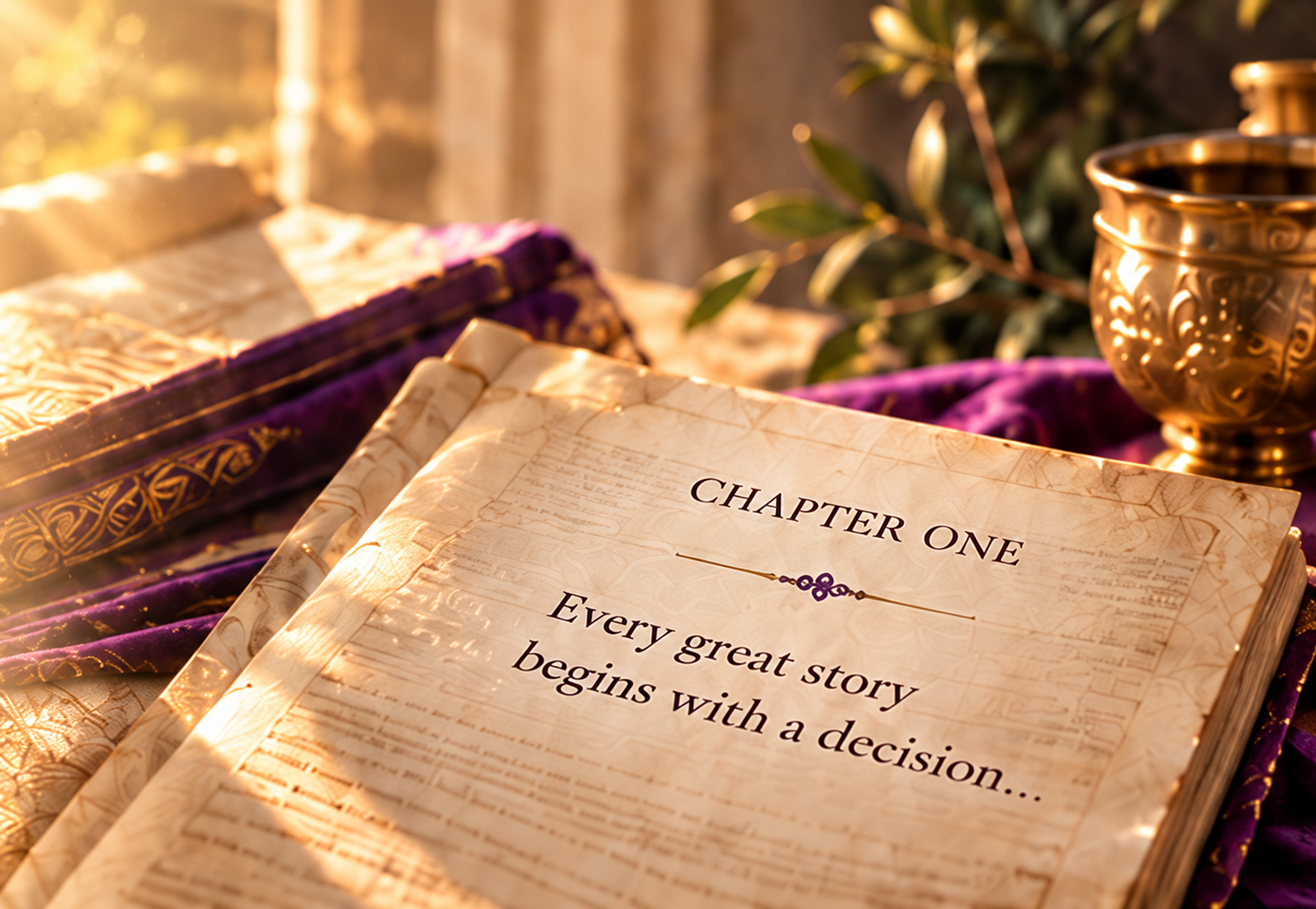 Ancient scrolls illuminated by warm light